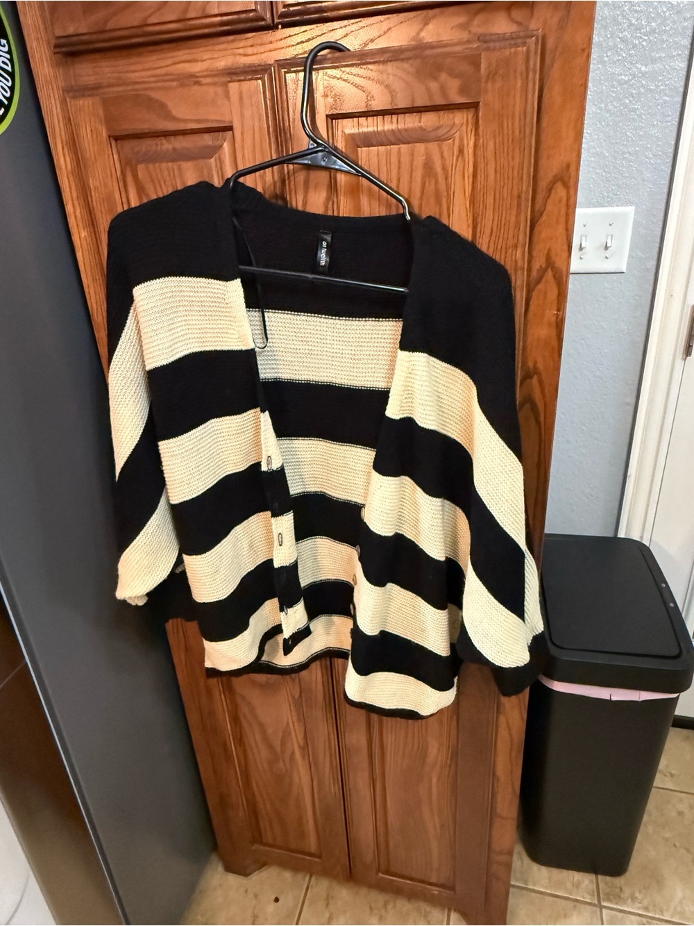 Striped Black and Cream Button-Front Knit Cardigan
